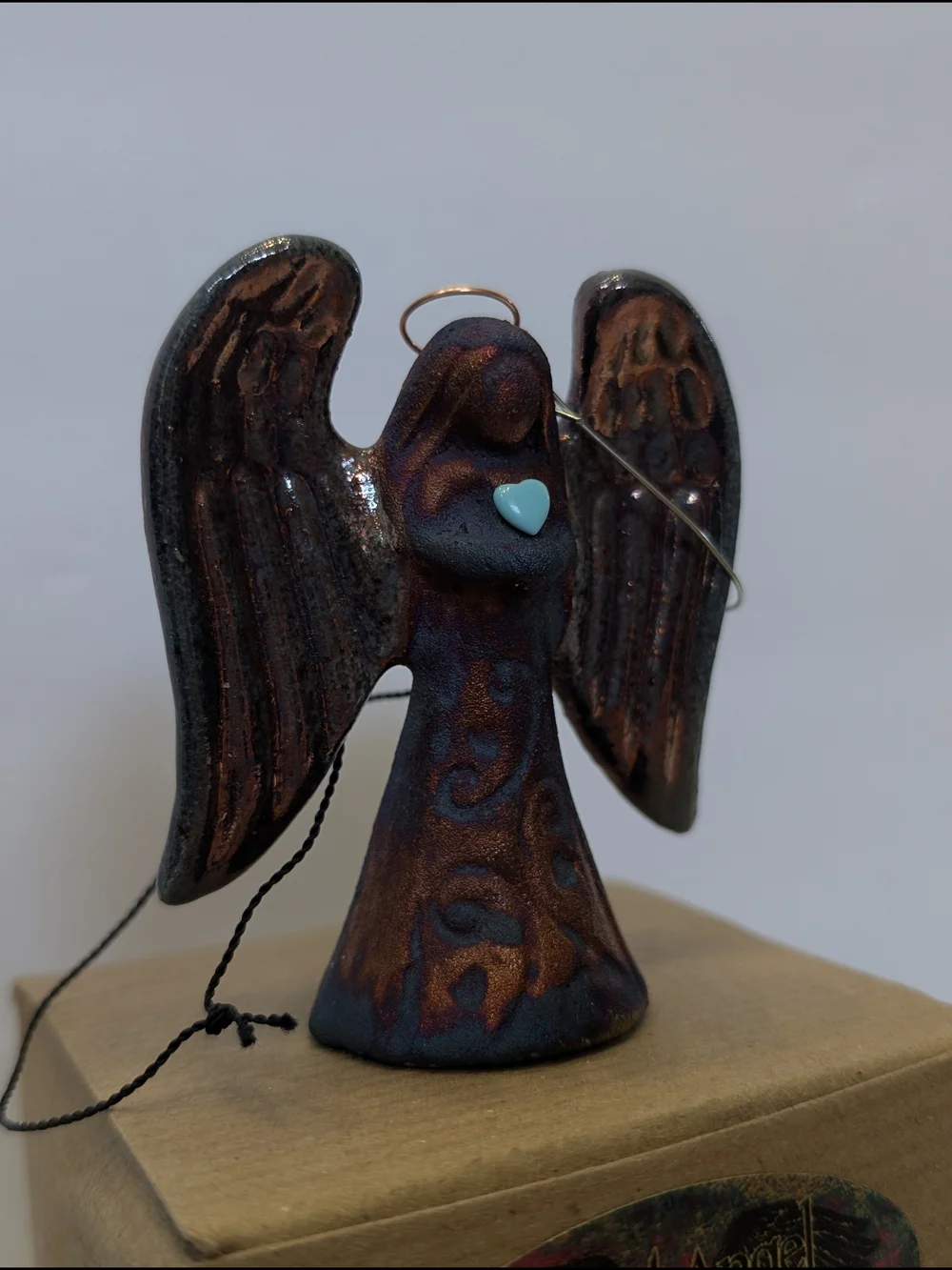 Spirit Angel Ornament Raku Pottery w/gemstone heart, handmade, hand signed